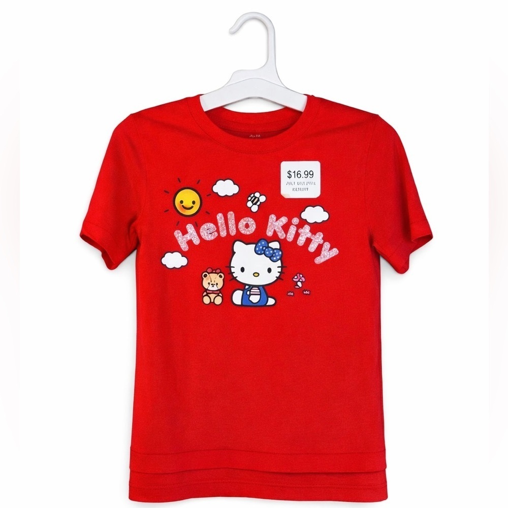 Hello Kitty Girl's New With Tags Size Medium (10-12) Red T-Shirt W Glitter.